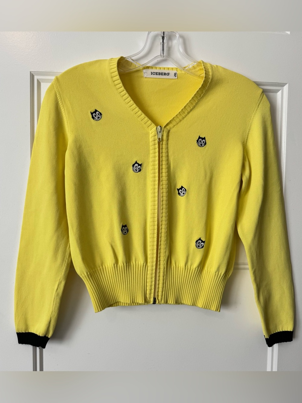 Vintage ICEBERG Made in Italy Yellow Felix Cat Embroidered Zip Cardigan 38